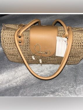Woven Straw Tote with Tan Leather Trim and Bead Accent